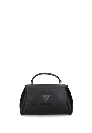 Borsa strutturata nera realizzata in materiale sintetico texturizzato, dotata di manico superiore e di un accento in metallo a forma di triangolo sul fronte.
