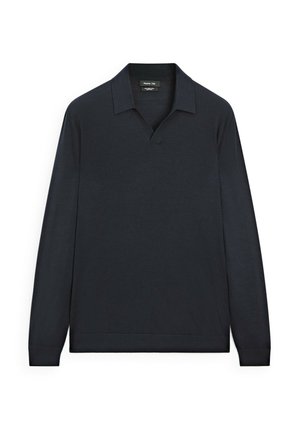 Donker marineblauwe poloshirt met lange mouwen en een V-hals, gemaakt van zachte, gladde stof. Beschikt over geribbelde manchet en een rechte zoom.