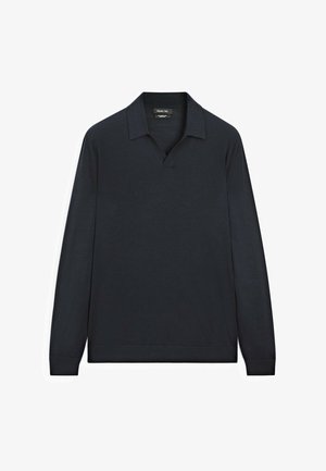 Donker marineblauwe poloshirt met lange mouwen en een V-hals, gemaakt van zachte, gladde stof. Beschikt over geribbelde manchet en een rechte zoom.