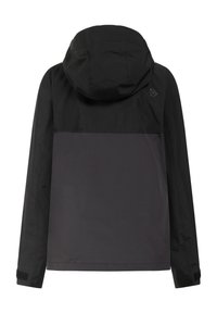 Black hooded jacket with a contrasting dark gray panel. Features smooth, lightweight fabric and adjustable cuffs with Velcro closures.