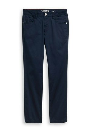 Tummansiniset suorat housut, joissa edessä nappi- ja vetoketjusuljenta, vyölenkit sekä etu- ja takataskut, koko 31/32.