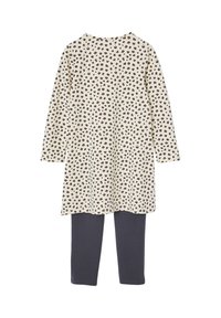 Baumwolloutfit bestehend aus einer langärmligen cremefarbenen Tunika mit schwarzen Leopardenflecken und passenden grauen Leggings. Einfaches, ungeschmücktes Design.