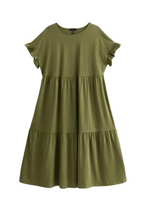 Olijfgroene jurk met korte mouwen van zachte stof. Heeft een ronde halslijn en een laagjesontwerp met gerimpelde accenten aan de mouwranden.