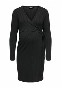 Czarna, prążkowana sukienka ciążowa z długimi rękawami, dekoltem w serek, kopertowym fasonem i wiązaniem w talii. Gładka faktura i długość do kolan.