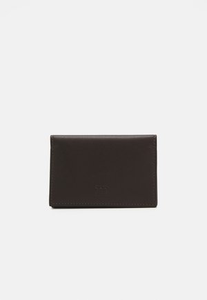 Brown leather wallet with a smooth texture, rectangular shape, and embossed logo detail on the front. Features stitched edges.