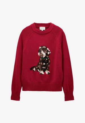 Roter gestrickter Pullover mit einem auffälligen gestrickten Hundedesign, mit einem gerippten Saum und Bündchen sowie einem klassischen Rundhalsausschnitt.