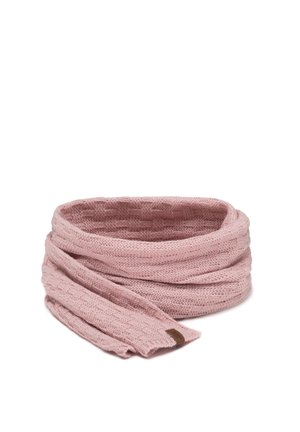 Knitted scarf in soft pink, featuring a textured pattern and a looped design. Material appears lightweight and cozy with exposed edges.