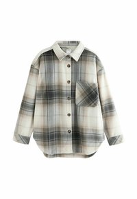 Koszula w kratę z długim rękawem, wykonana z miękkiego materiału; posiada beżowy, szary i granatowy wzór w kratę, kołnierzyk oraz kieszeń na piersi.