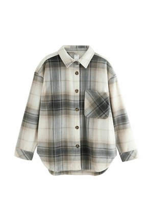 Plaid button-up shirt in soft fabric; features beige, gray, and navy check pattern, collar, long sleeves, and a chest pocket.