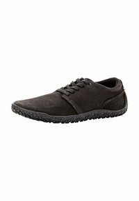 Schwarze Nubuk-Schnürschuhe mit runder Zehenform, strukturierten schwarzen Gummisohlen mit dreieckigen Mustern und subtilen Nähakzenten.
