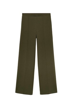 Weite Hosen in dunkelolivgrün, aus einem glatten Material gefertigt. Mit einem körpernahen Bund und vertikalen Nahtdetails für mehr Struktur.
