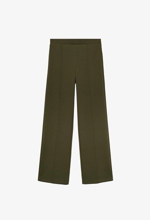 Hlače širokih nogavic v temno olivno zeleni barvi, izdelane iz gladkega materiala. Imajo prilegajoč se pas in vertikalne šive za strukturo.
