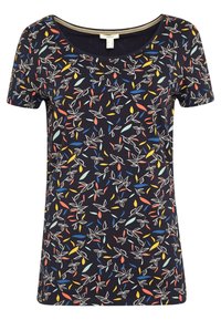 Navy short-sleeve T-shirt featuring a multicolored leaf pattern. Round neckline and soft, lightweight fabric with a smooth texture.