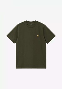 T-shirt in cotone verde scuro con maniche corte e scollatura rotonda. Presenta un piccolo logo giallo sul petto sinistro. Vestibilità classica.