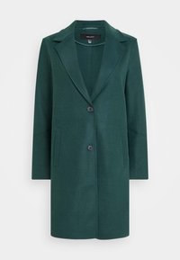 Grüner Wollmischmantel mit Reverskragen, zwei Fronttaschen, Ein-Knopf-Verschluss und geradem Schnitt, mit einer glatten Textur.