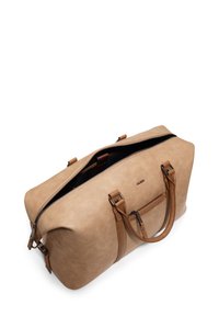 Borsa da viaggio in pelle sintetica beige con interno scuro, doppie maniglie e zip superiore. Presenta una tasca esterna con zip e un design elegante.