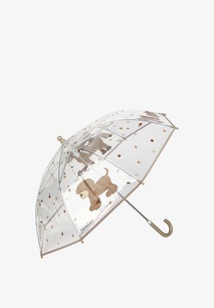 Transparent umbrella with a beige dog print and golden polka dots. Curved handle and metal ribs, providing a fun design.