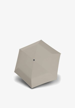 Beige umbrella with a hexagonal canopy, featuring a smooth texture and a black button accent. Folded partially to show its shape.