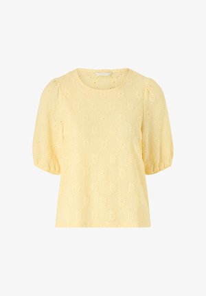 Lysegul bluse med korte ærmer, puffede ærmer og diamantmønstret hulbroderi.