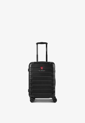 Zwarte harde koffer met telescopisch handvat, vier zwenkwielen en rood Tonino Lamborghini-logo aan de voorkant in het midden.