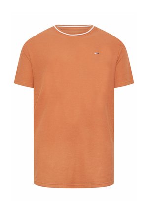 Herren Kurzarm strukturiertes oranges T-Shirt mit Rundhalsausschnitt, weißem Besatz am Kragen und kleinem rechteckigem Logo auf der linken Brust.