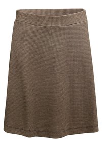 Bruine patroonrok met een aansluitende tailleband, met een gestructureerd ruitontwerp. De stof heeft een gladde afwerking en een uitlopende uitstraling.