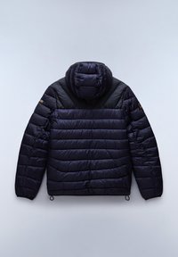 Marine pufferjack met een capuchon, met een gequilt ontwerp, zwarte schouderaccenten, verstelbare trekkoorden aan de onderkant en branding op de mouw.