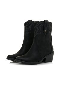 Bottines en suède noir avec des talons blocs de hauteur intermédiaire et un motif western cousu, fermeture éclair latérale et languettes de tirage sur fond blanc.