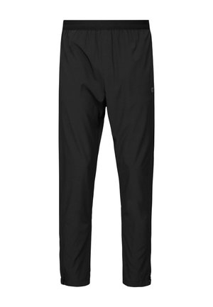 Pantaloni impermeabili neri con vita elastica, design affusolato e polsini regolabili. Tessuto liscio e stile minimalista.