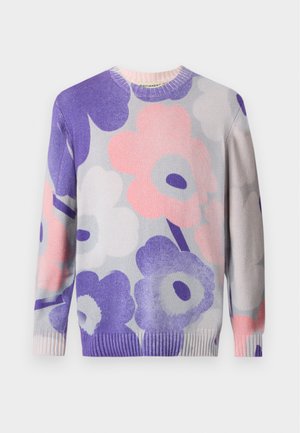 Megztinis su dideliais gėlių raštais purpurinės, rožinės ir pilkos spalvų, su apvalia iškirpte ir nertais kraštais bei rankogaliais.