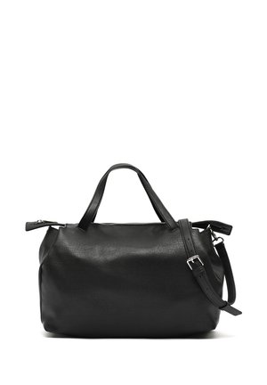 Sac à main en cuir noir avec deux poignées courtes et une bandoulière réglable et détachable, fermé par une fermeture éclair sur le dessus.