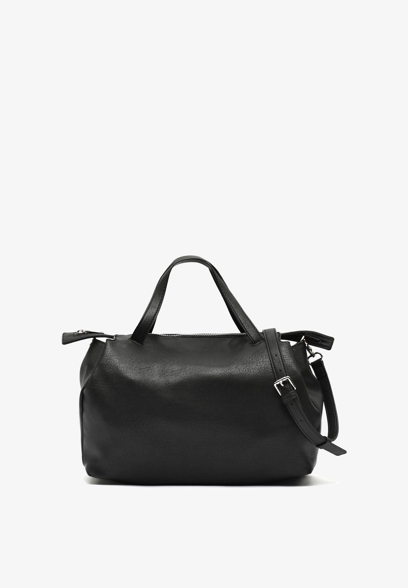 Sac à main en cuir noir avec deux poignées courtes et une bandoulière réglable et détachable, fermé par une fermeture éclair sur le dessus.