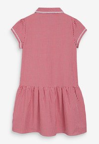 Rotes Karo-Kleid mit Kragen, kurzen Ärmeln und gerafftem Rock. Mit weißen Abschlüssen entlang des Kragens und der Ärmelkanten.