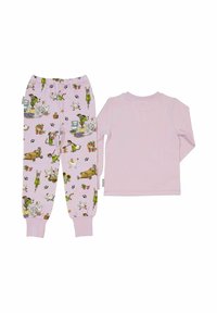 Pyjamaflät med en rosa långärmad topp och mönstrade byxor med olika lekfulla motiv, inklusive djur och trädgårdsteman.