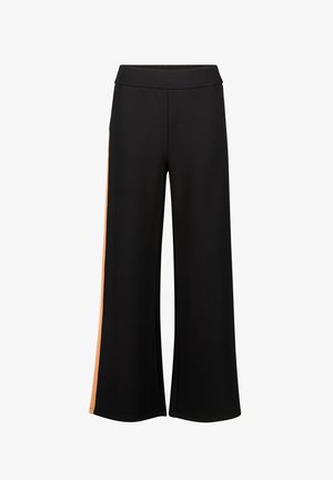 Black wide-leg pants with an elastic waistband, featuring orange stripes along the sides. Material is smooth with pockets.