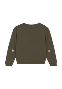 Oliven grøn genser med lange ermer, ribbestrikkede mansjetter og kant, med blomsterbroderi på hvert erme. Laget av mykt strikkemateriale.