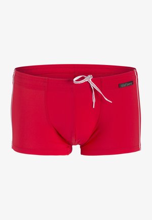 Rode zwembroek gemaakt van rekbare stof, met een aansluitend ontwerp, elastische tailleband met trekkoord en witte zijaccenten.
