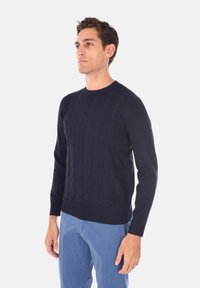 Maglione blu navy a maglia a trecce con colletto rotondo a coste e polsini, caratterizzato da motivi testurizzati e un design aderente. Indossato con pantaloni azzurri chiari.