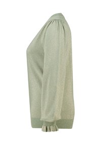 Lichtgroene trui met een glinsterend effect, voorzien van een ronde hals, opgeblazen mouwen en gerimpelde manchetten. Zachte textuur en losse pasvorm.