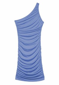 Eén-schouder, geraffineerde jurk in lichtblauwe stof. Glad textuur met geplooide details langs de zijkant, wat een getailleerd silhouet creëert.