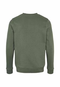 Sweat-shirt vert en coton, avec un col rond, des manches longues et des poignets côtelés. Texture lisse et design uni sans motifs.