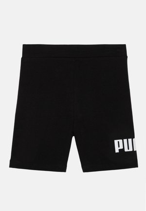 Pantalones deportivos negros hechos de una tela suave con un diseño ajustado. Presentan un logotipo blanco impreso en la pierna izquierda. Textura suave, con una longitud hasta mitad del muslo.