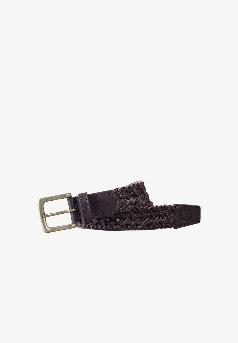 Brown braided leather belt with a brass buckle, featuring a smooth leather end and a woven texture throughout for flexibility and comfort.