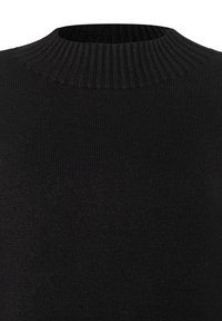 Schwarzer Pullover mit einem gerippten Rundhalsausschnitt. Hergestellt aus einem weichen Strickmaterial, hat er eine glatte Textur und eine taillierte Silhouette.