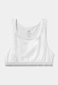 Hvit crop top bh laget av myk stoff. Har en samlet bunn med et gråstripet bånd og brede stropper for komfort.