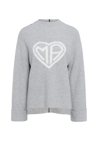 Grau gestrickter Pullover mit einem großen weißen Herz, das "MP" darin zeigt. Das Design hat eine gerippte Textur und weite Bündchen. Reißverschluss hinten.