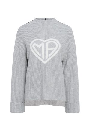 Gray knitted sweater featuring a large white heart with "MP" inside. The design has a ribbed texture and wide cuffs. Back zip closure.