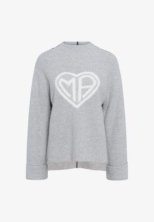 Gray knitted sweater featuring a large white heart with "MP" inside. The design has a ribbed texture and wide cuffs. Back zip closure.