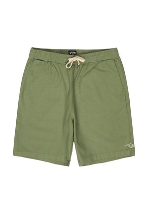 Hellgrüne Badehose mit elastischem Bund und beigem Kordelzug. Verfügt über Seitentaschen und ein kleines Logo in der unteren Ecke.