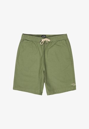 Hellgrüne Badehose mit elastischem Bund und beigem Kordelzug. Verfügt über Seitentaschen und ein kleines Logo in der unteren Ecke.